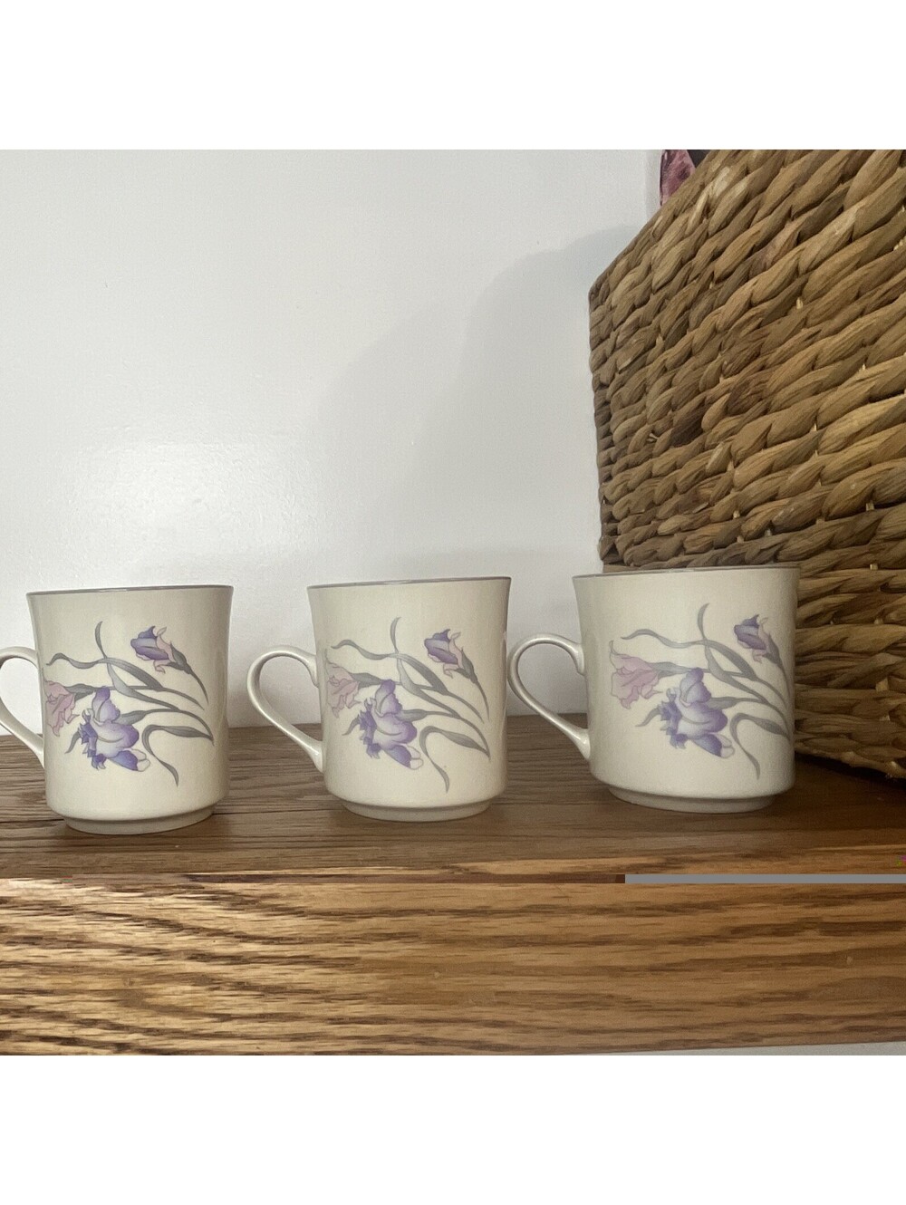 China Pearl Set of 3 Stoneware Floral Coffee Mugs 10 oz White/Purple